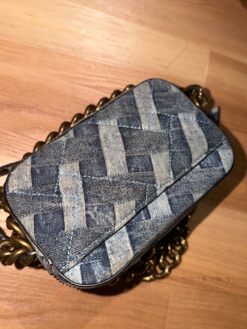 Denim Woven Crossbody Bag with Antique Gold Chain - Picture 3 of 3